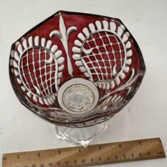 Royal Retro Ruby Flash Red Diamond Cut Glass Candy Chalice Dish Fleur De Lis - Picture 3 of 3